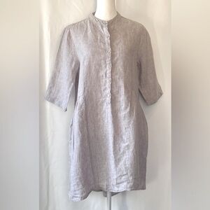 H by Halston Grey 100% Linen Dress Popover Lagenlook 3/4 Sleeve Coastal Grandma